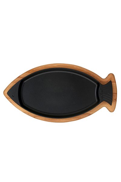 Lava Casting Fish Plate Cast Iron Solid Handle Beech Serving Wood Size 20x32cm