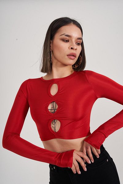 HOLLY LOLLY طاقم الرقبة كم طويل الصدر مفصلة المحاصيل بلوزة فرانك الأحمر