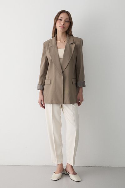 JASTE Women's Khaki Striped Lined Sleeve Detailed Blazer Jacket