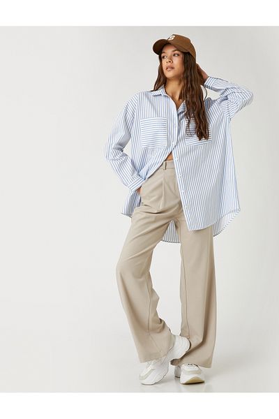 Koton Oversize Shirt Poplin Striped Long Sleeve Cuff Collar