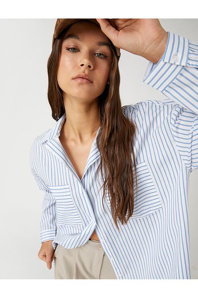 Koton Oversize Shirt Poplin Striped Long Sleeve Cuff Collar