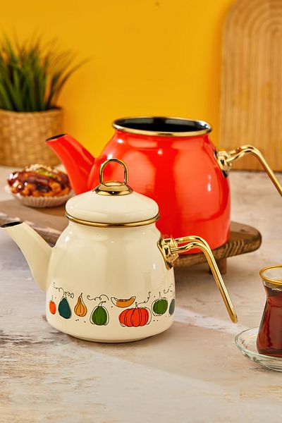 Akkoyunlu home Serik Gourd Enamel Teapot Set with Team Cream
