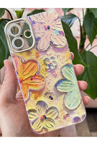Fibaks iPhone 16 Case Color Changing Stone Camera Lens Protection Pink Flower Pattern Shock Absorbing Cover