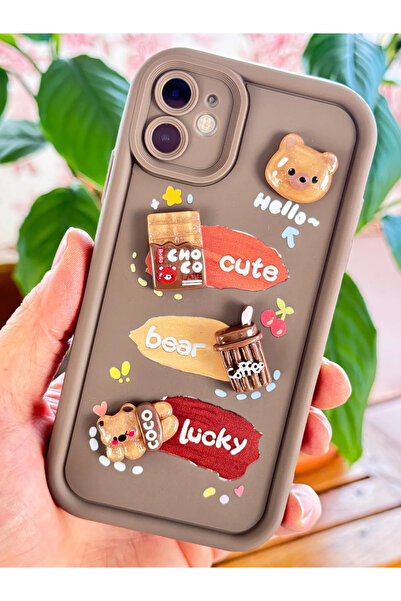 Fibaks Apple iPhone 16 Kılıf Tasarımlı Desenli Kamera Korumalı Ayıcık Kahve Renkli Yumuşak Silikon Kap