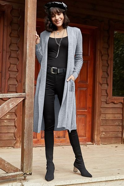 citystyle Anthracite Women's Cardigan - with Waist Tie and Pockets
