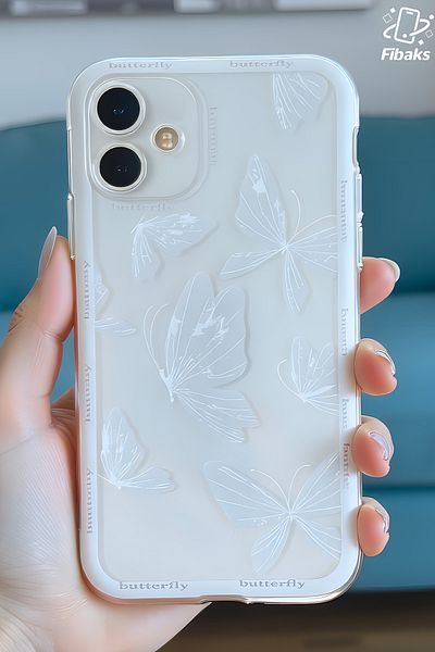 Fibaks جراب لهاتف Apple iPhone 16 بتصميم نمط حماية للكاميرا وغطاء سيليكون ناعم على شكل فراشة شفافة