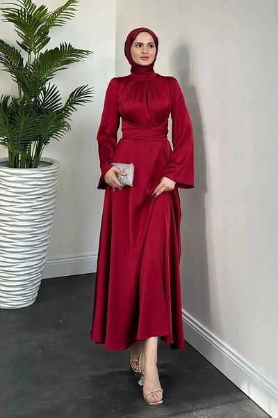 Lamia Giyim Spanish Sleeve Waist Wrap Satin Hijab Evening Dress 9843-Red