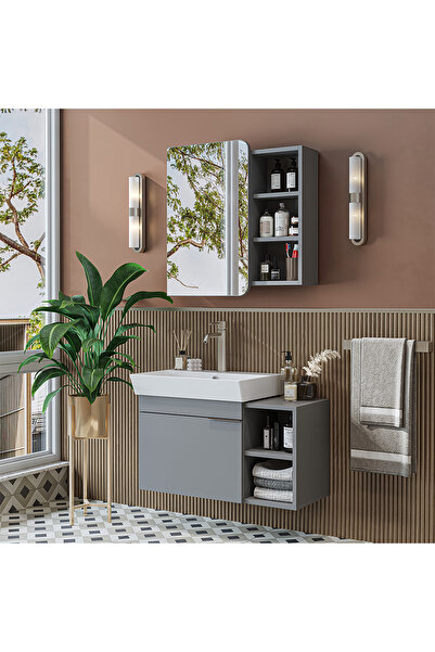 ROOMART Likya Tek Kapaklı Lavabolu 82 Cm Banyo Alt Dolabı + Üst Dolabı, Lavabolu Mdflam Banyo Dolabı Takımı