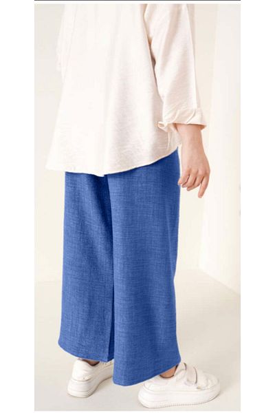 LEGS STAR Women's Blue Sofia Linen Double Pocket Wide Leg Trousers