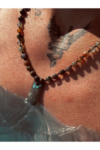 CAPO by Aytaç Yamaç Indian Agate Pyrite Onyx Labradorite Natural Stone Minimalist Rectangle Men's Necklace