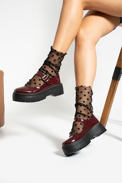 AtegeWear Pantofi Lolita din piele lacuita Oxford neagra Burgundy stil Harajuku