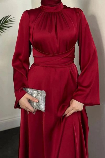 Lamia Giyim Spanish Sleeve Waist Wrap Satin Hijab Evening Dress 9843-Red
