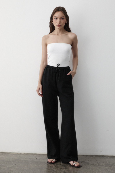 JASTE Women's Black Elastic Waist Wide Leg Palazzo Linen Trousers