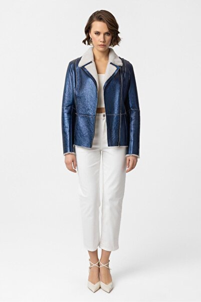 Deriderim Mavi Shine Fermuarlı Biker Kadın Hakiki Kürk Mont