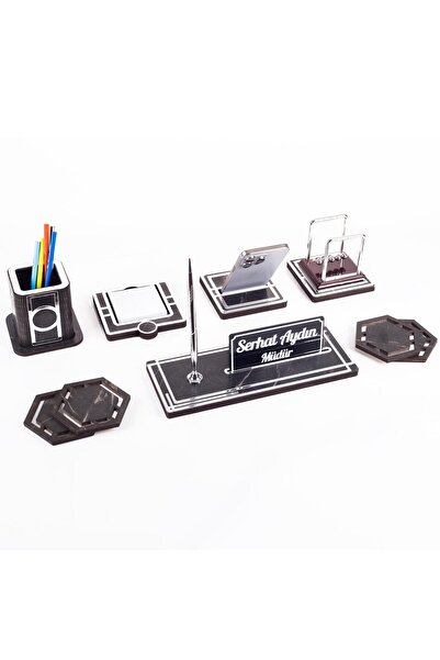 Ofistike Space+ Denge Biblolu Ahşap Masa İsimliği Seti Mermer Desenli Ofis De...