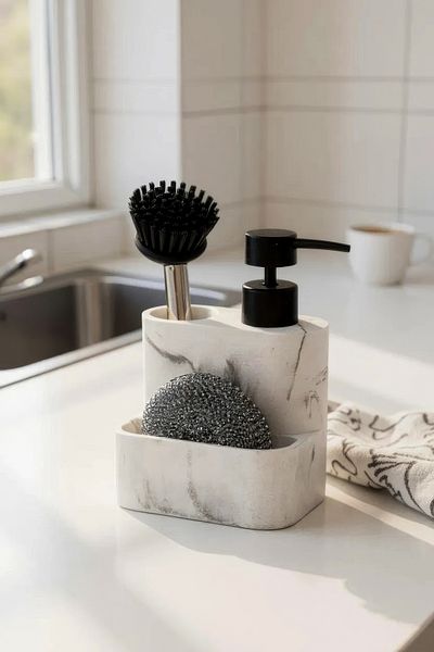 okacih Polyresin Marble Brushed Countertop Liquid Soap Dispenser with Sponge Kitchen Bathroom Detergent Dispenser