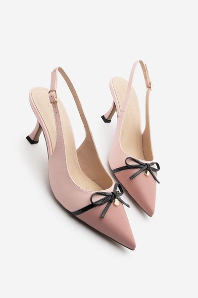 Marjin Women's Stiletto Pointed Toe Bow Detailed Slingback Heeled Shoes Norvez Pink