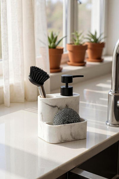 okacih Polyresin Mermer Fırçalı Süngerli Tezgah Üstü Sıvı Sabunluk Mutfak Banyo Deterjanlık