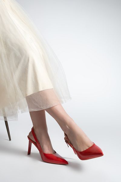 Marjin Women's Stiletto Pointed Toe Open Back Tie Buckle Heeled Shoes Pelovi Red Patent Leather