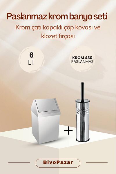 Palex Stainless Chrome Bathroom Set 6Lt Trash Can and Toilet Bowl Brush Two in One