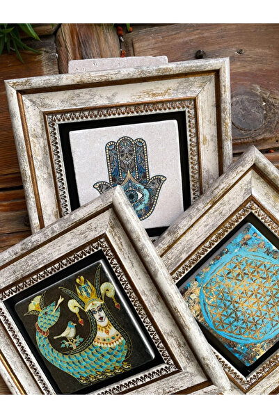 Oscar Stone Decor Çerçeveli Taş Duvar Dekoru Tablo 3'lü Set 20x20 Cm Şahmeran Yaşam Çiçeği Fatma Ana