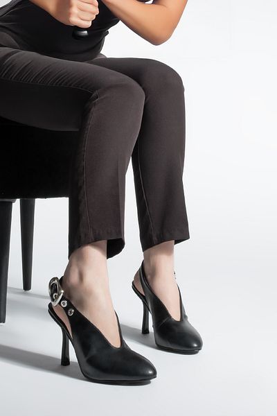 Marjin Women's Stiletto Pointed Toe Belt Detailed Slingback Heeled Shoes Rinpo Black