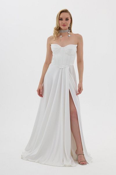 Carmen White Cat Ear Slit Satin Wedding Dress