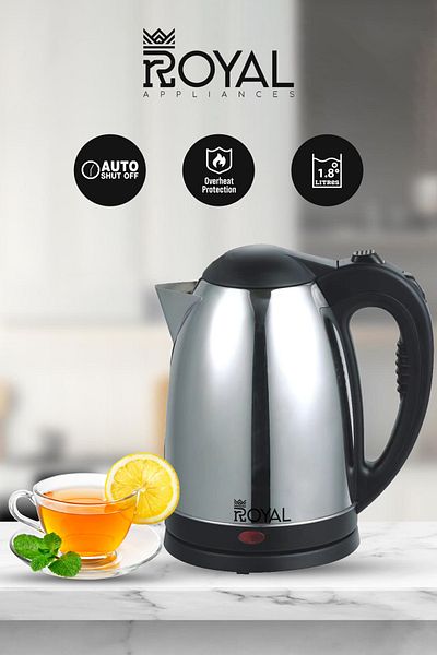 Royal Electric Kettle Stainless Steel, Dual Sensor & Over Heat Protection, 1.8 L 1500 W Ra-ek1867 Silver
