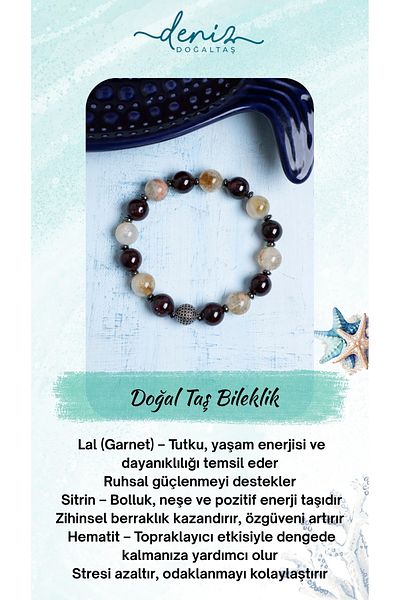 Deniz Doğal Taş Certified Garnet, Citrine and Hematite Natural Stone Bracelet