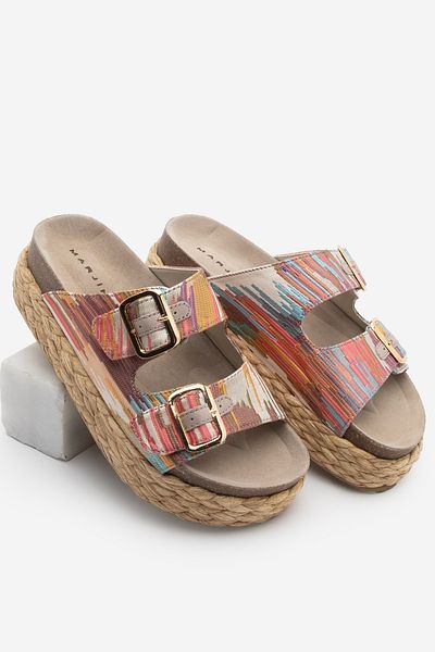 Marjin Papuci de zi cu zi cu bandă dublă, din piele naturală, cu talpă groasă de paie, Pusol Multi