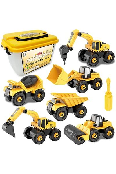indiggo Set 6 Toy Vehicles idepet®, Construction Vehicles, Dismountable, Includes Concrete Mixer, Bulldozer