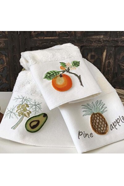 MARİBOR TROPİK - Nakışlı Mutfak Havlusu %70 Bambu / %30 Pamuk - Krem 3'lü Set...