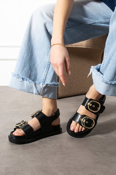 Bufu Mia Black Matte Leather Women's Slippers with Gold Plated Buckle