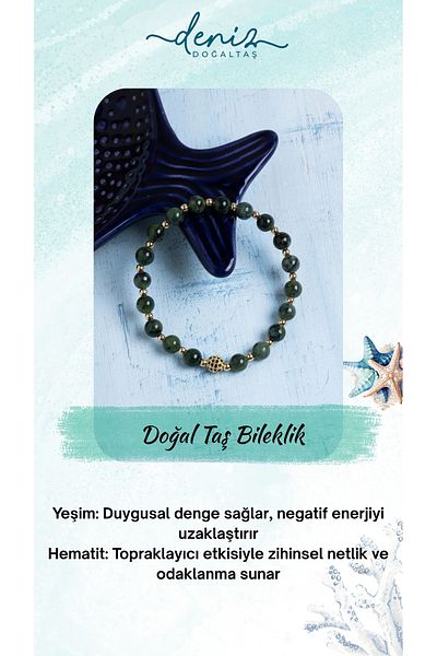 Deniz Doğal Taş Certified Jade and Hematite Natural Stone Bracelet – Gold Detailed