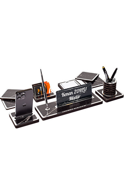 isimliksepeti Mermer Desenli 9 Parça Ahşap Masa İsimliği Ofis İsimlik Gümüş