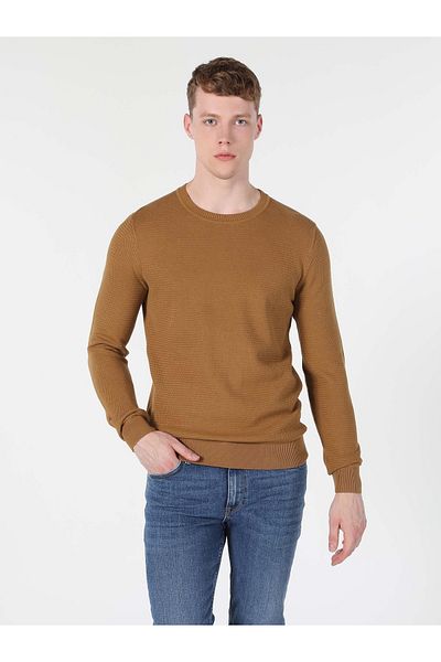 Colin's Regular Fit Round Neck Jacquard Men's Brown Sweater