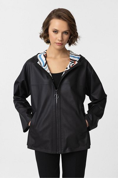 Deriderim Black Tatum Inner Fabric Relaxed Lightweight Fixed Hood Women's Double-Sided Genuine Leather Coat