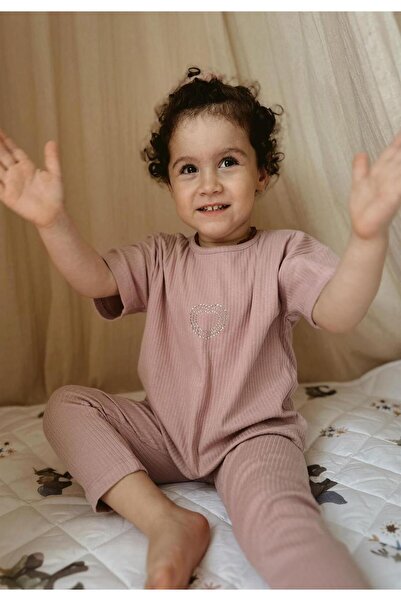 Cigit Stone Embellished Corduroy Leggings Set 2-7 Years Powder Pink