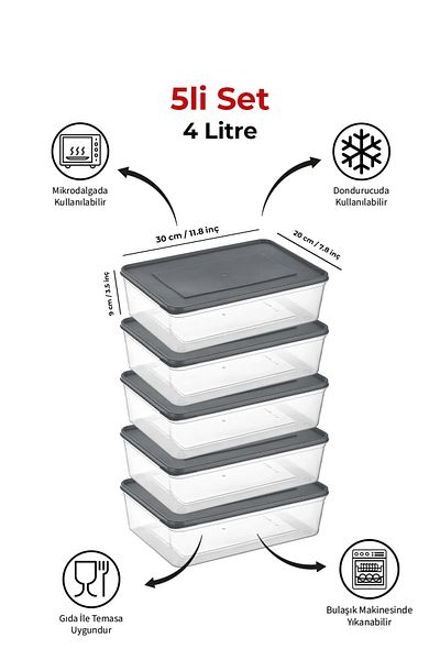 Espas Home Freshkeep Storage Container Set of 5 Suitable for Microwave and Deep Freezer - Gray / 5*4000 ml