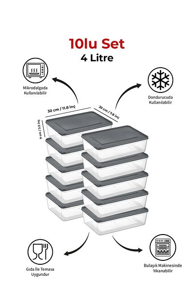Espas Home Freshkeep Storage Container Set of 10 Suitable for Microwave and Deep Freezer - Gray / 10*4000 ml