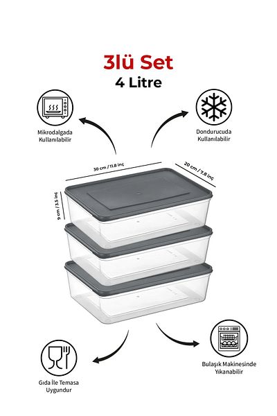Espas Home Freshkeep Storage Container Set of 3 Suitable for Microwave and Deep Freezer - Gray / 3*4000 ml