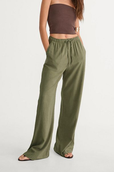 VODENS Linen Blended Loose Cut Khaki Green Trousers
