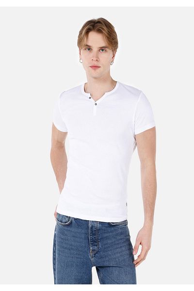 Colin's Tricou alb cu mânecă scurtă pentru bărbați, tricotat cu gât cu plăcuță