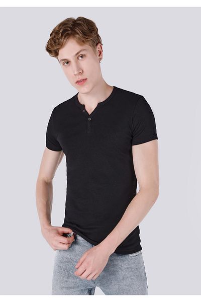 Colin's Slim Fit Placket Neck Knitted Men's Black Short Sleeve T-shirt Cl1040245