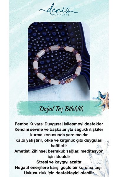 Deniz Doğal Taş Certified Pink Quartz, Amethyst and Hematite Natural Stone Bracelet
