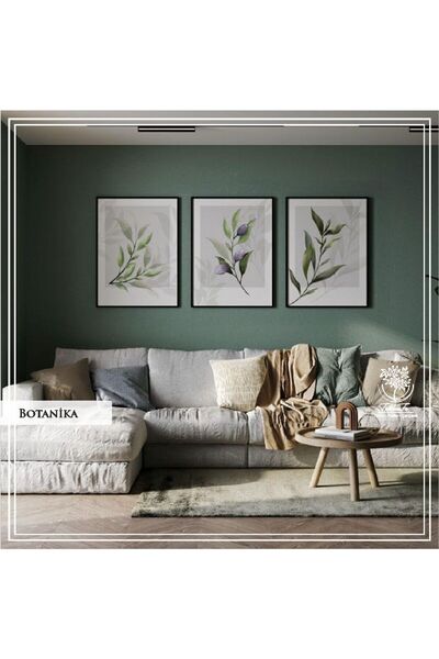 Tablomtr Metal Çerçeveli Camlı Botanika 3'lü Dekoratif Tablo Seti