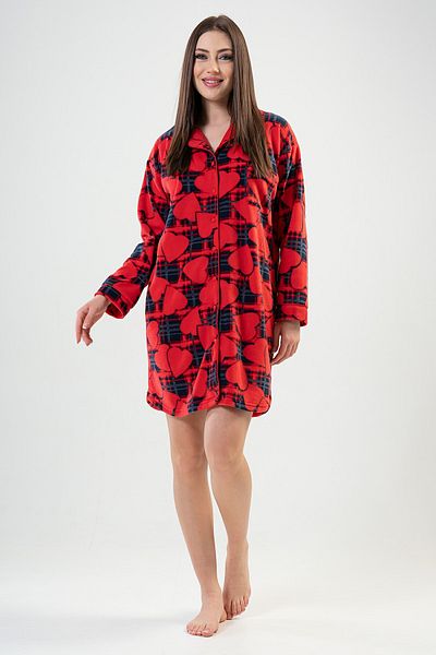 VİENETTA Women's Fleece All Buttoned Long Sleeve Nightgown