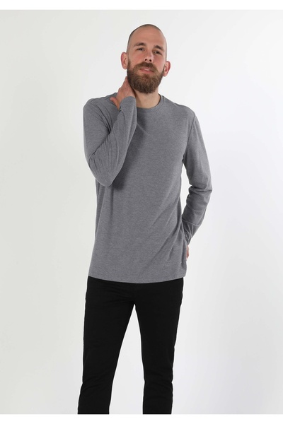 Colin's Regular Fit Yuvarlak Yaka Düz Erkek Gri Uzun Kol Tişört
