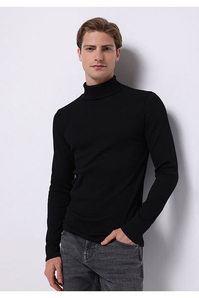 Colin's Slim Fit Half Turtleneck Plain Men's Black Long Sleeve T-Shirt