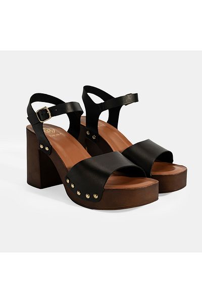 Desa Women's Black Adjustable Buckle Leather Heeled Sandals